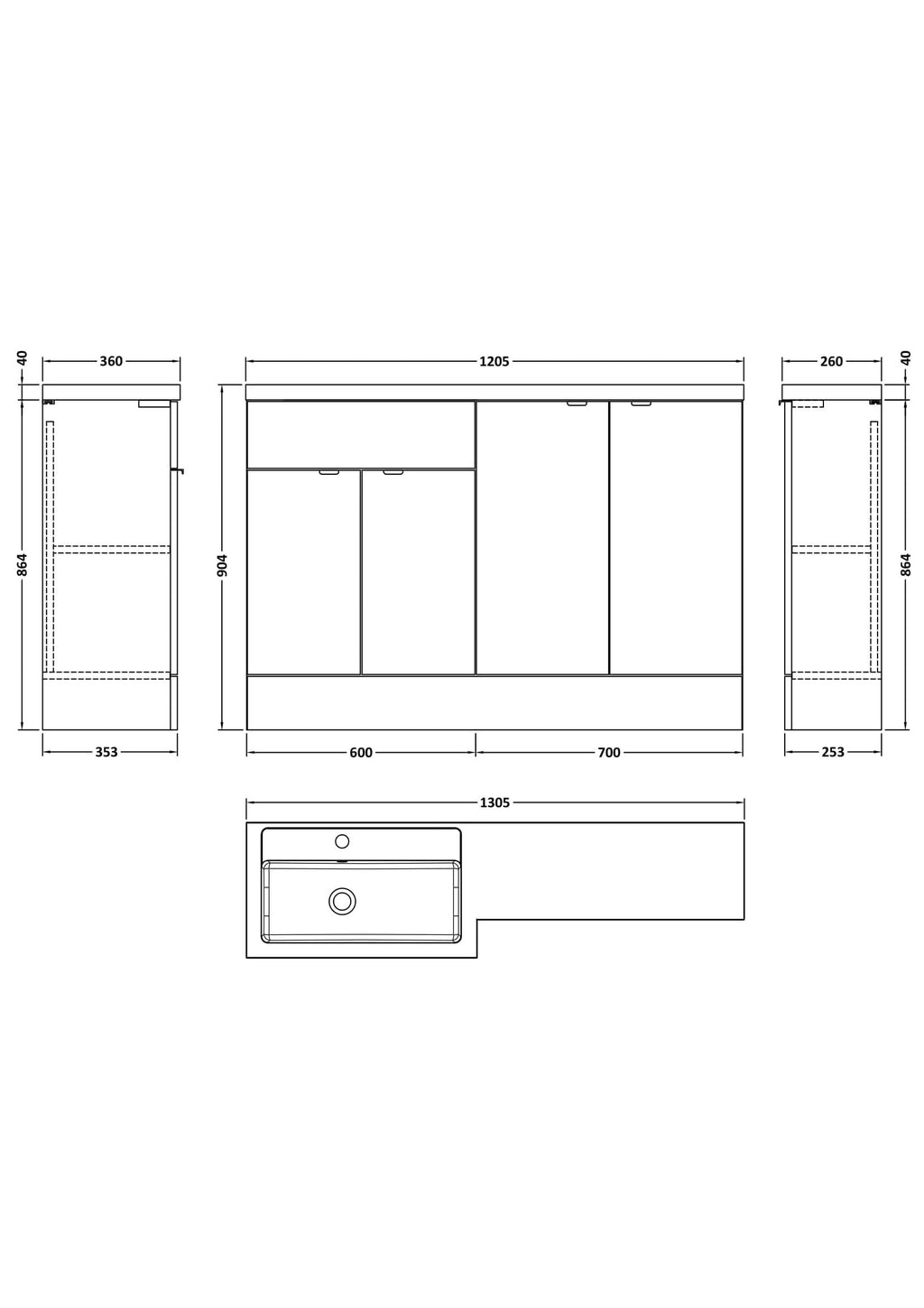 Hudson Reed Fusion Floor Standing 4 Door Vanity Basin Left Hand Combination, Vanity Unit with Basin, Gloss White, 1200mm