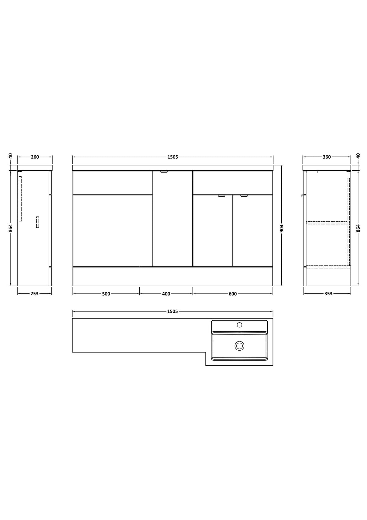 Hudson Reed Fusion Floor Standing 3 Door Vanity Basin & WC Right Hand Combination, Vanity Unit with Basin, Gloss White, 1500mm
