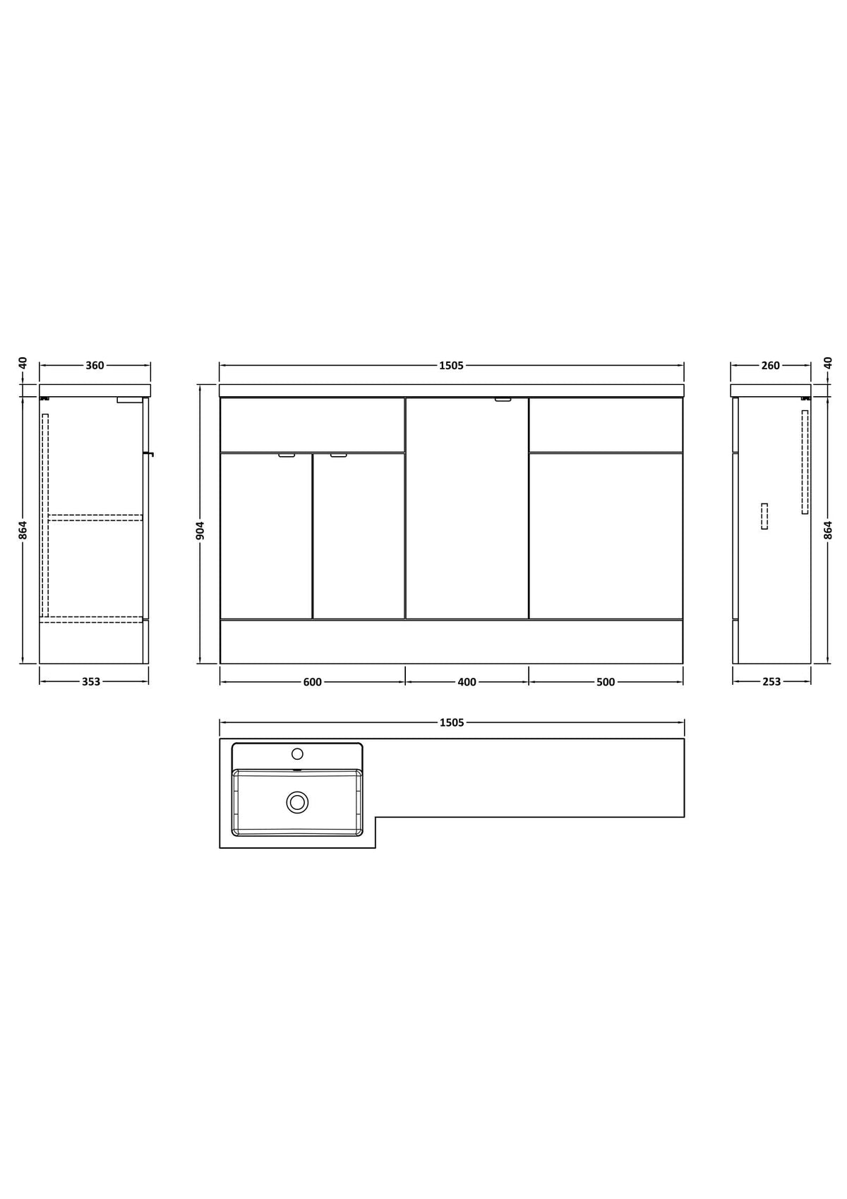 Hudson Reed Fusion Floor Standing 3 Door Vanity Basin & WC Left Hand Combination, Vanity Unit with Basin, Gloss White, 1500mm