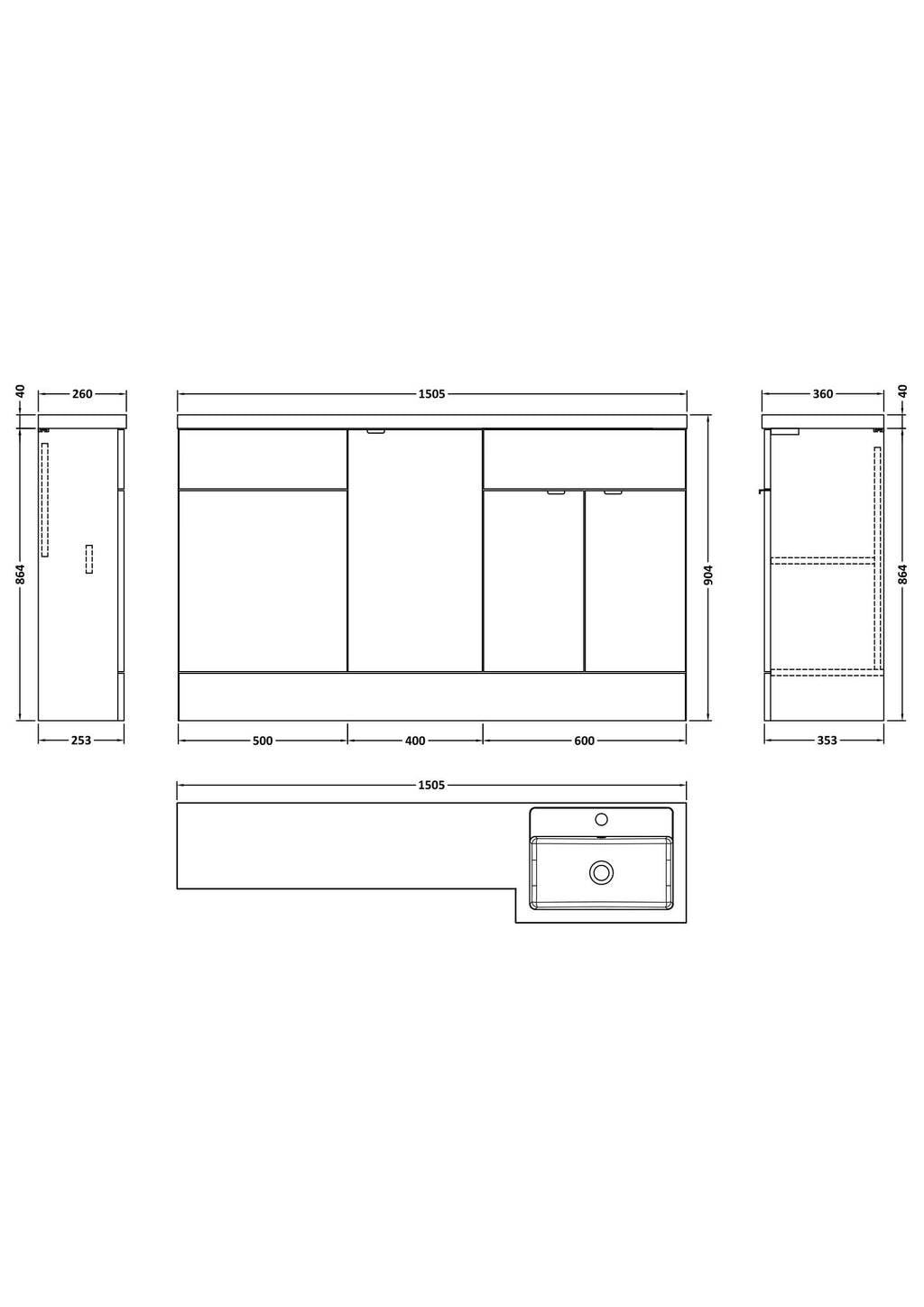 Hudson Reed Fusion Floor Standing 3 Door Vanity Basin & WC Right Hand Combination, Vanity Unit with Basin, Gloss White, 1500mm