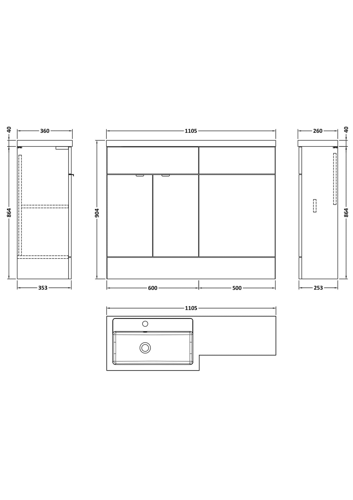 Hudson Reed Fusion Floor Standing 2 Door Vanity Basin & WC Left Hand Combination, Sink Vanity Unit, Anthracite Woodgrain, 1100mm