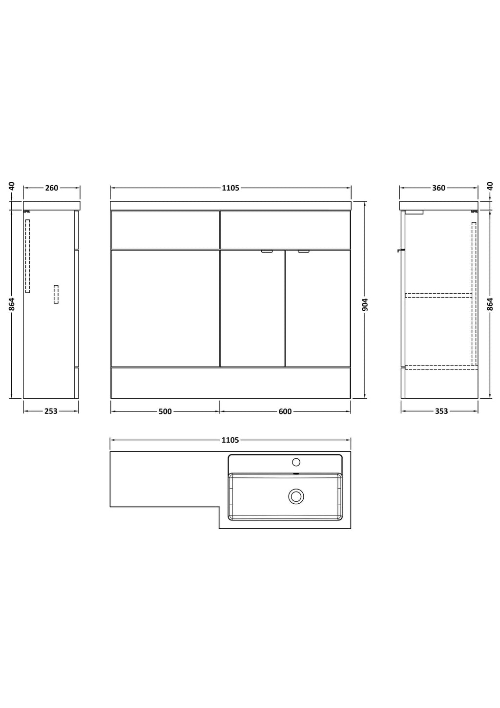 Hudson Reed Fusion Floor Standing 2 Door Vanity Basin & WC Right Hand Combination, Sink Vanity Unit, Anthracite Woodgrain, 1100mm