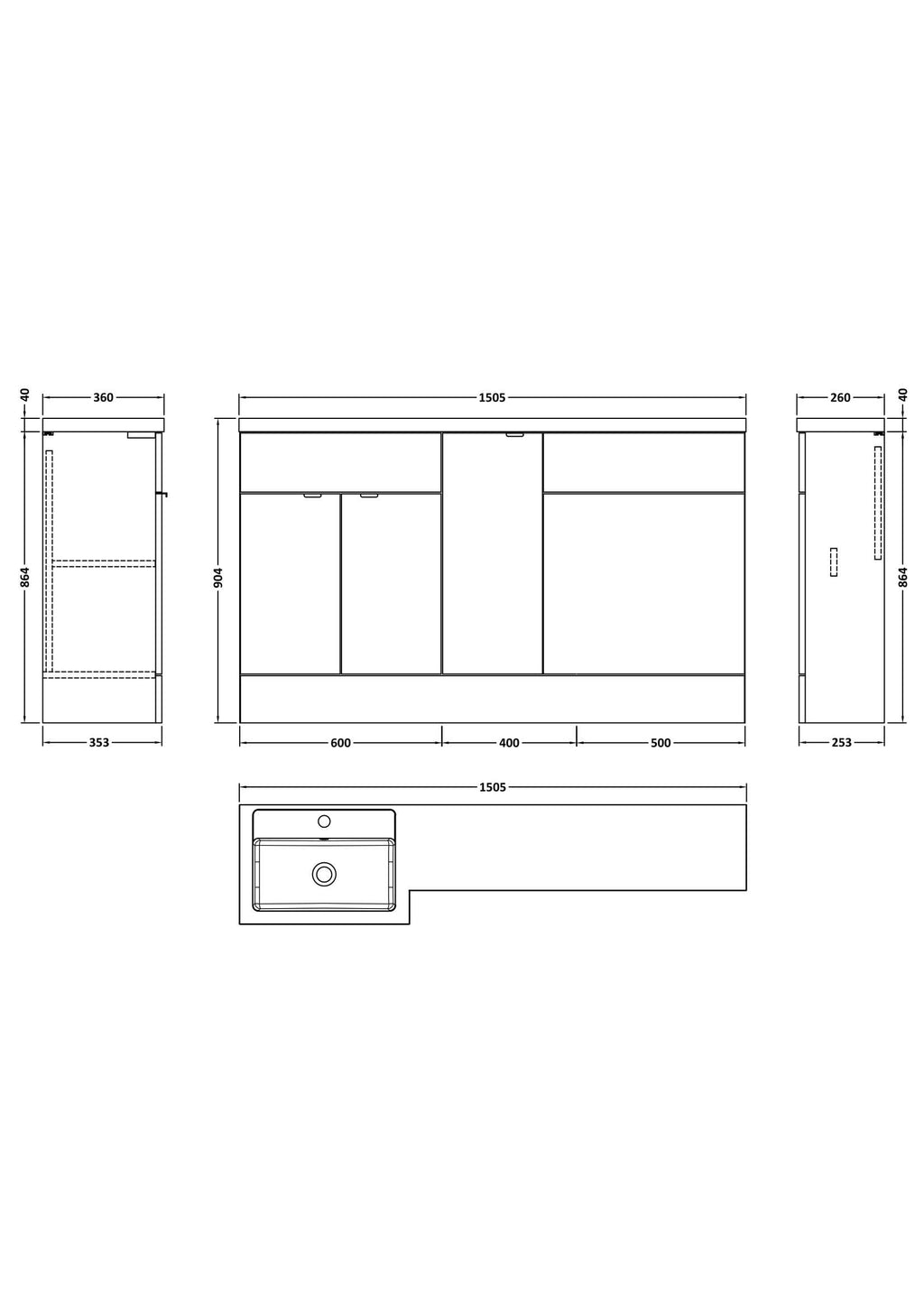 Hudson Reed Fusion Floor Standing 3 Door Vanity Basin & WC Left Hand Combination, Sink Vanity Unit, Anthracite Woodgrain, 1500mm