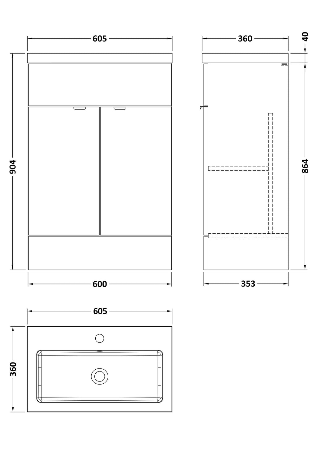 Hudson Reed Fusion Floor Standing 2 Door Vanity Unit & Polymarble Basin, Stylish Sink Vanity Unit, Charcoal Black, 600mm