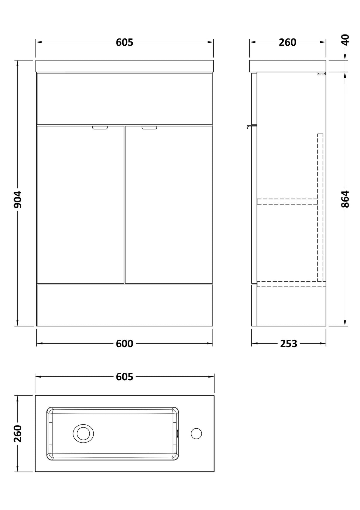Hudson Reed Fusion Floor Standing 2 Door Vanity Unit & Polymarble Basin Compact, Stylish Sink Vanity Unit, Gloss Grey, 600mm