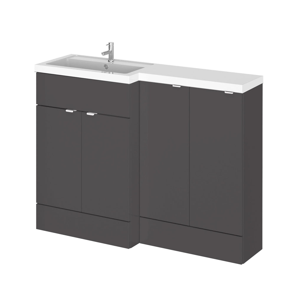 Hudson Reed Fusion Floor Standing 4 Door Vanity Basin Left Hand Combination, Stylish Bathroom Storage Unit, Gloss Grey, 1200mm