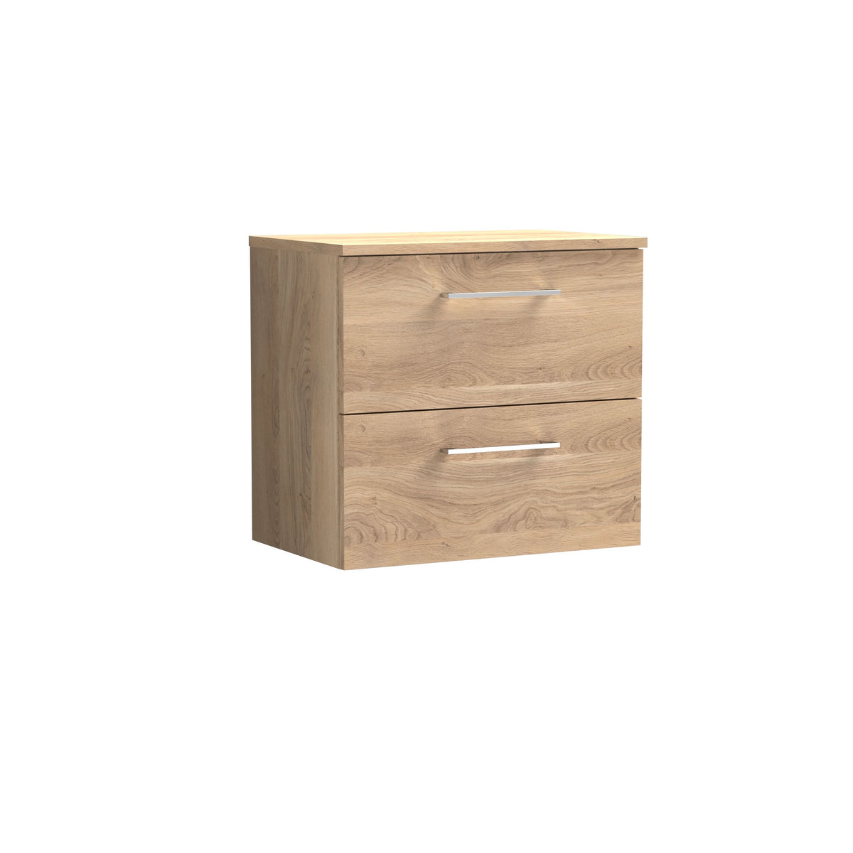 Nuie Arno Wall Hung 2-Drawer Vanity & Bleached Cuneo Oak Worktop, Stylish Counter Top Vanity Unit in Bleached Oak, 600mm