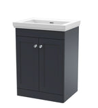 Nuie Classique Floor Standing 2 Door Unit & Without Tap Hole Fireclay Basin, Sink Vanity Unit in Soft Black with White Basin, 600mm
