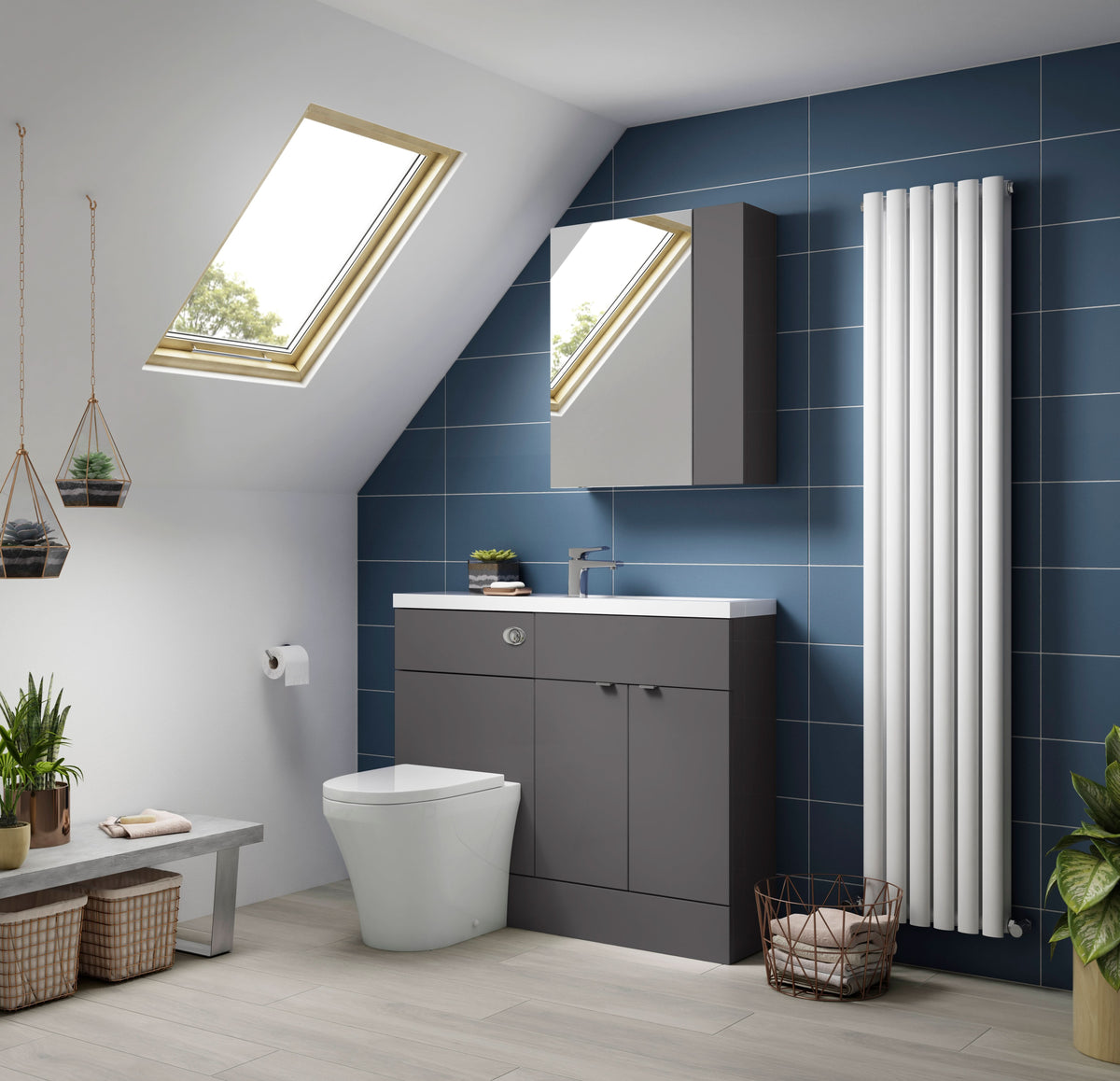 Hudson Reed Fusion Floor Standing 2 Door Vanity Basin & WC Combination Compact, Sink Vanity Unit, Gloss Grey, 1100mm