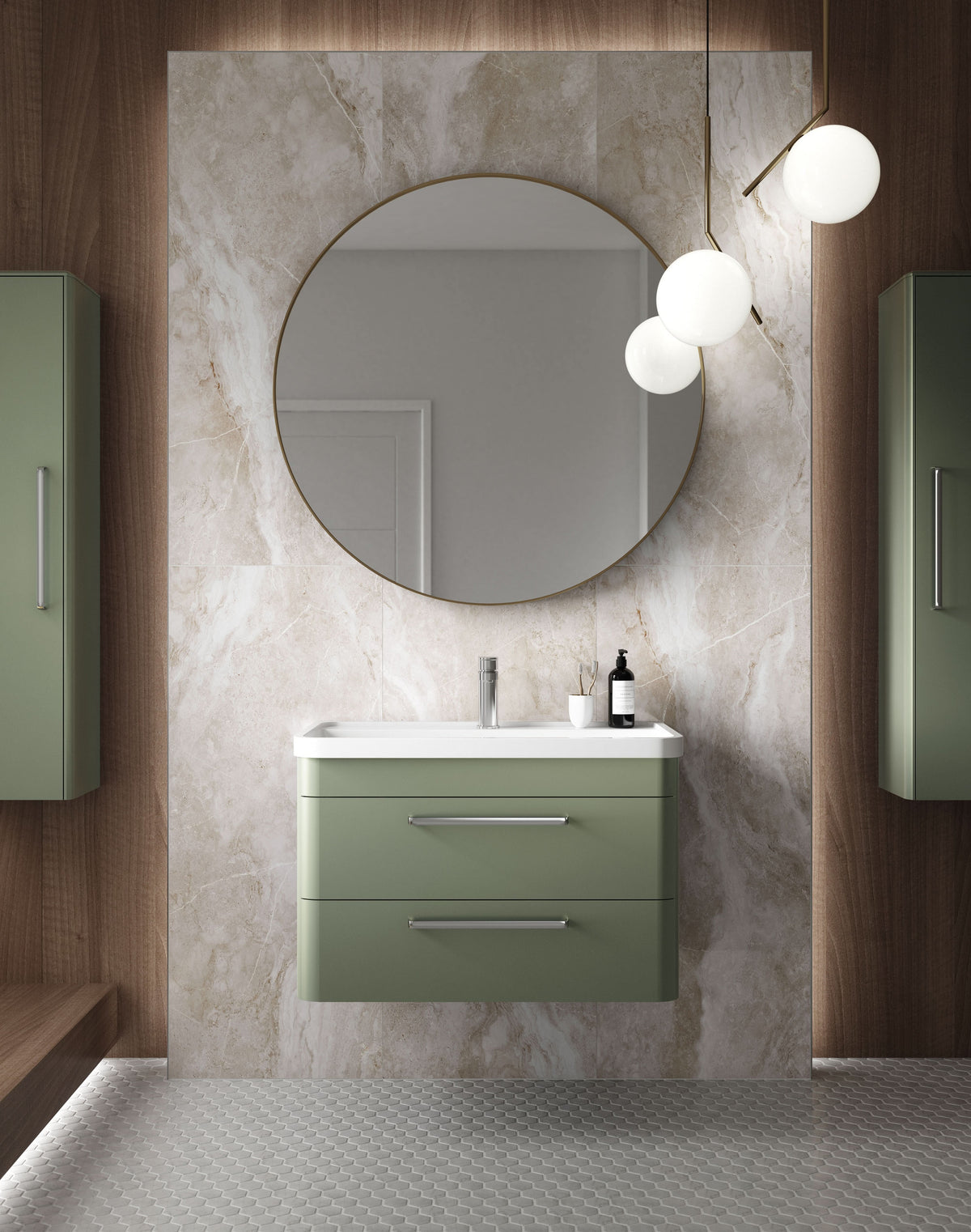 Hudson Reed Solar Wall Hung Vanity Unit with Polymarble Basin, Modern 2 Drawer Bathroom Sink Vanity Unit in  Fern Green, 800mm