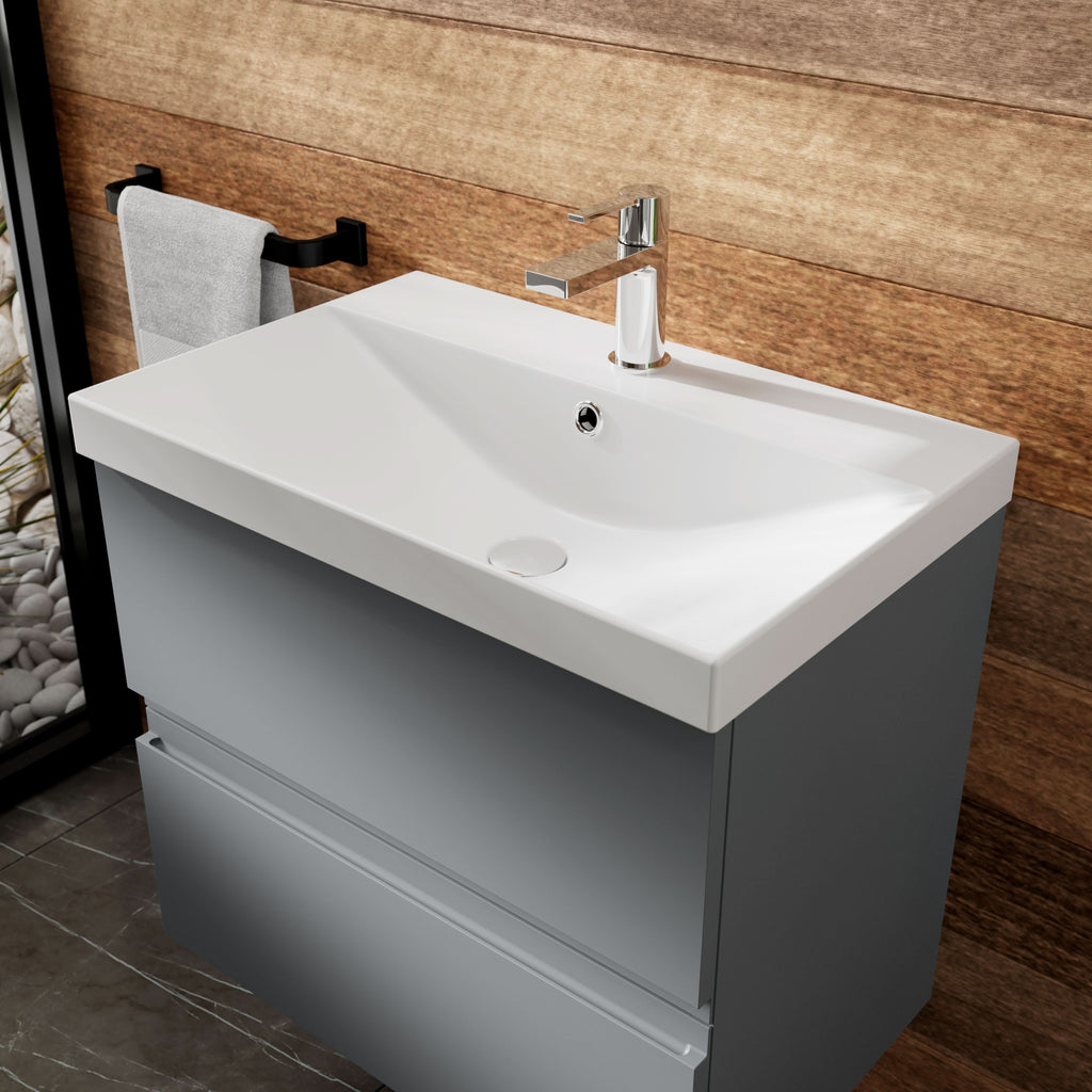 Hudson Reed Urban Wall Hung 2 Drawer Vanity Unit with Thin-Edge Ceramic Basin, Modern Bathroom Furniture in Satin Grey, 600mm