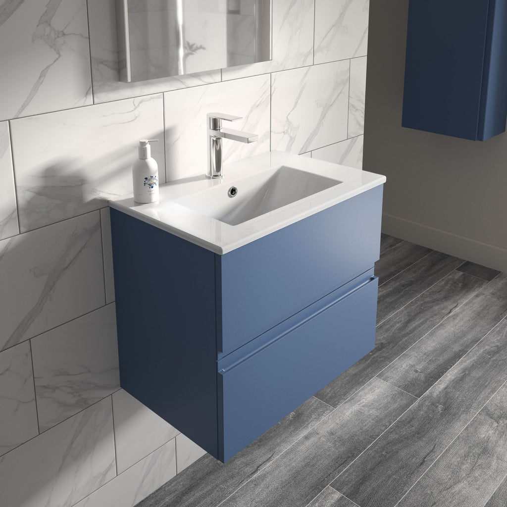 Hudson Reed Urban Wall Hung 2 Drawer Vanity Unit with Minimalist Ceramic Basin, Modern Bathroom Furniture in Satin Blue, 500mm