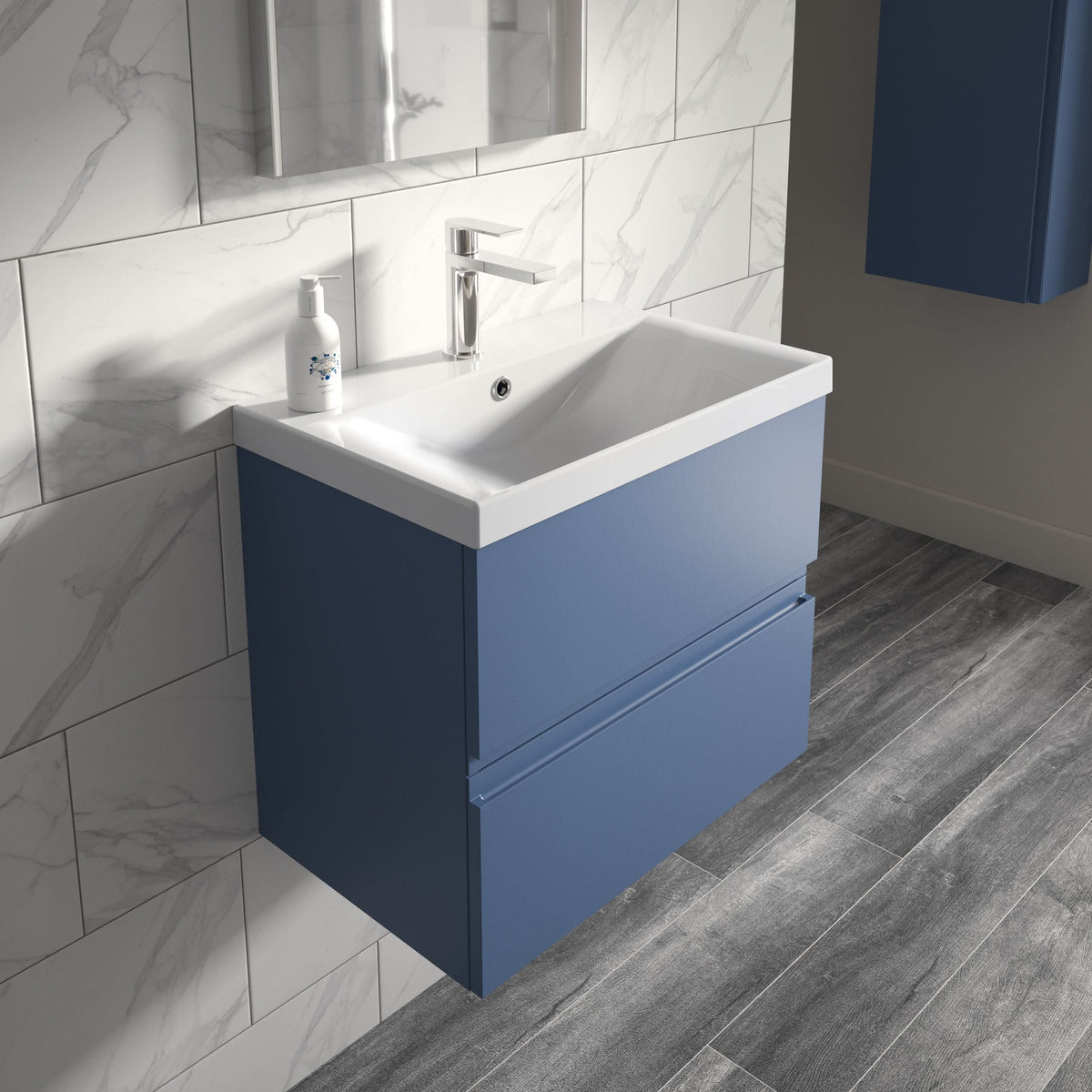 Hudson Reed Urban Wall Hung 2 Drawer Vanity Unit with Thin-Edge Ceramic Basin, Modern Bathroom Furniture in Satin Blue, 500mm
