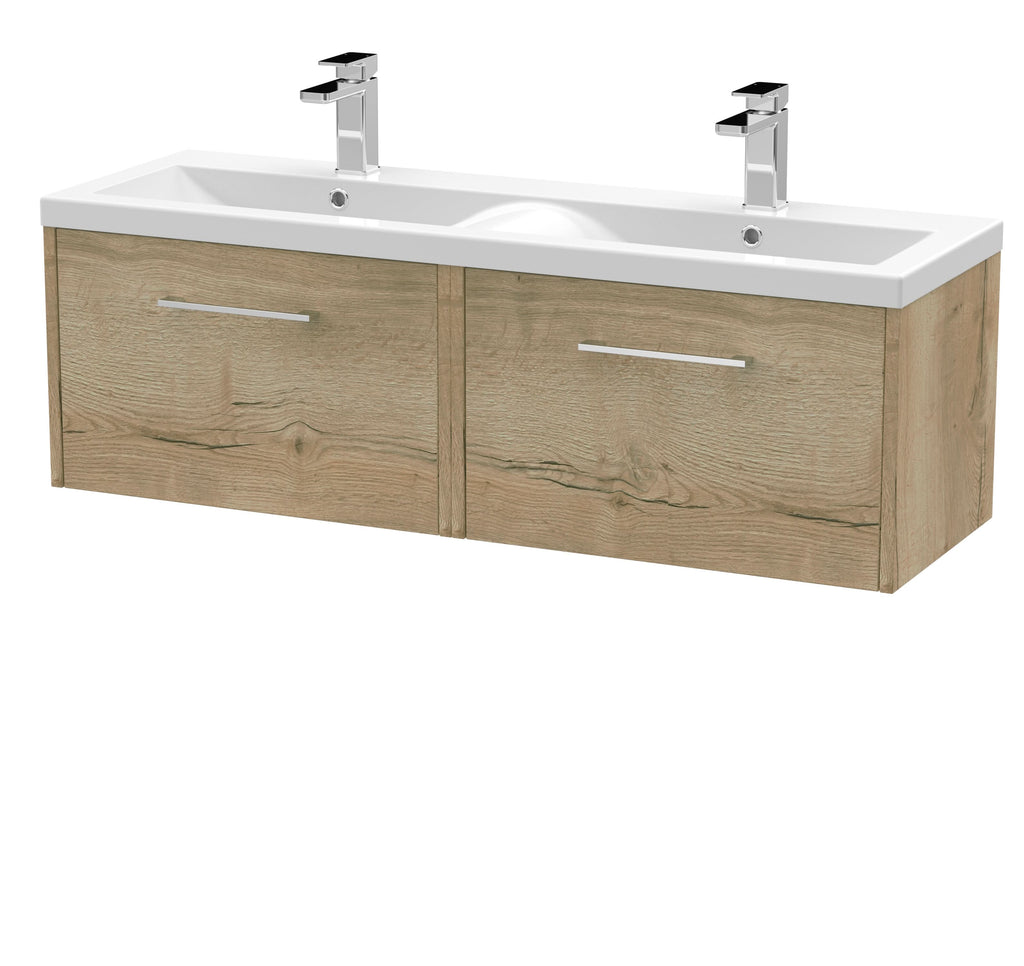 Hudson Reed Fluted Wall Hung 2-Drawer Vanity and Double Vitreous China Basin, Stylish Sink Vanity Unit, Autumn Oak, 1200mm