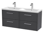 Hudson Reed Fluted Wall Hung 4-Drawer Vanity and Double Vitreous China Basin, Contemporary Sink Vanity Unit, Graphite Grey Woodgrain, 1200mm