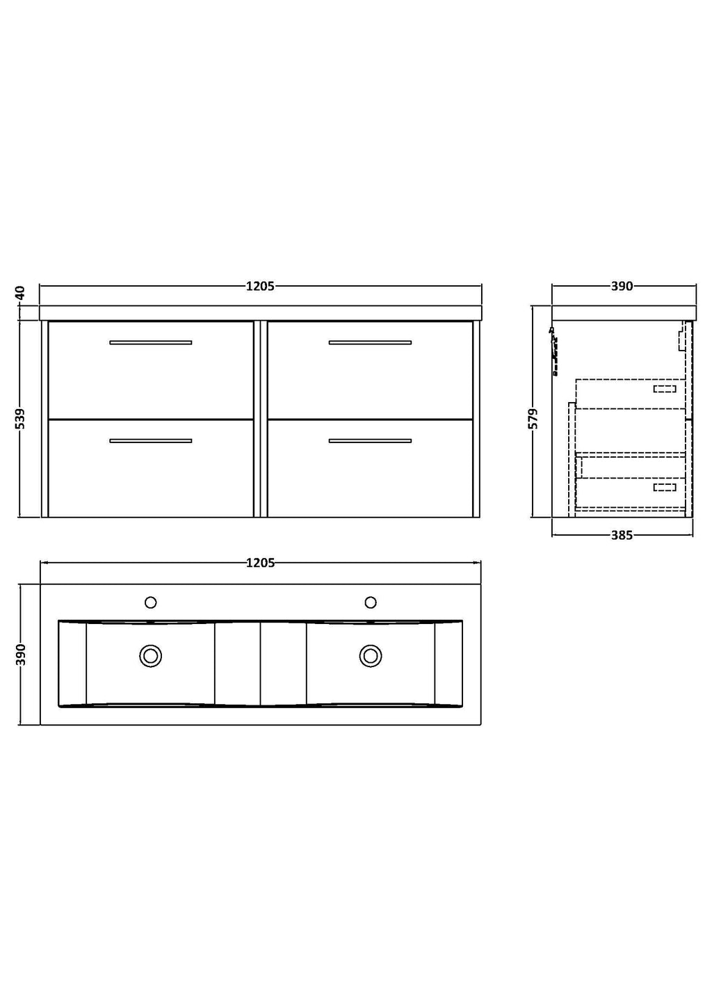 Hudson Reed Fluted Wall Hung 4-Drawer Vanity and Double Vitreous China Basin, Contemporary Sink Vanity Unit, Graphite Grey Woodgrain, 1200mm