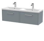Hudson Reed Fluted Wall Hung 2-Drawer Vanity and Double Vitreous China Basin, Contemporary Sink Vanity Unit, Coastal Grey, 1200mm