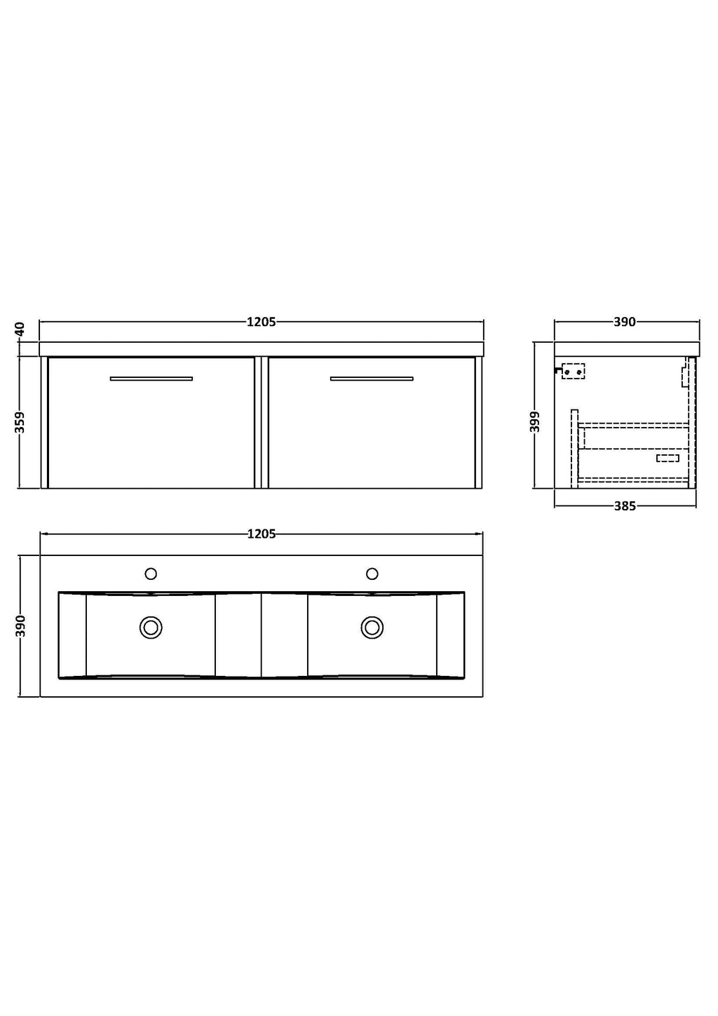 Hudson Reed Fluted Wall Hung 2-Drawer Vanity and Double Vitreous China Basin, Contemporary Sink Vanity Unit, Coastal Grey, 1200mm