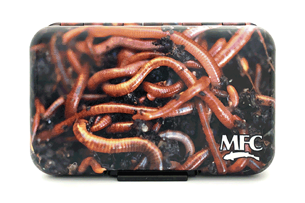 MFC Poly Fly Box featuring a durable hard case with a realistic earthworm design, ideal for organizing fishing tackle and flies.