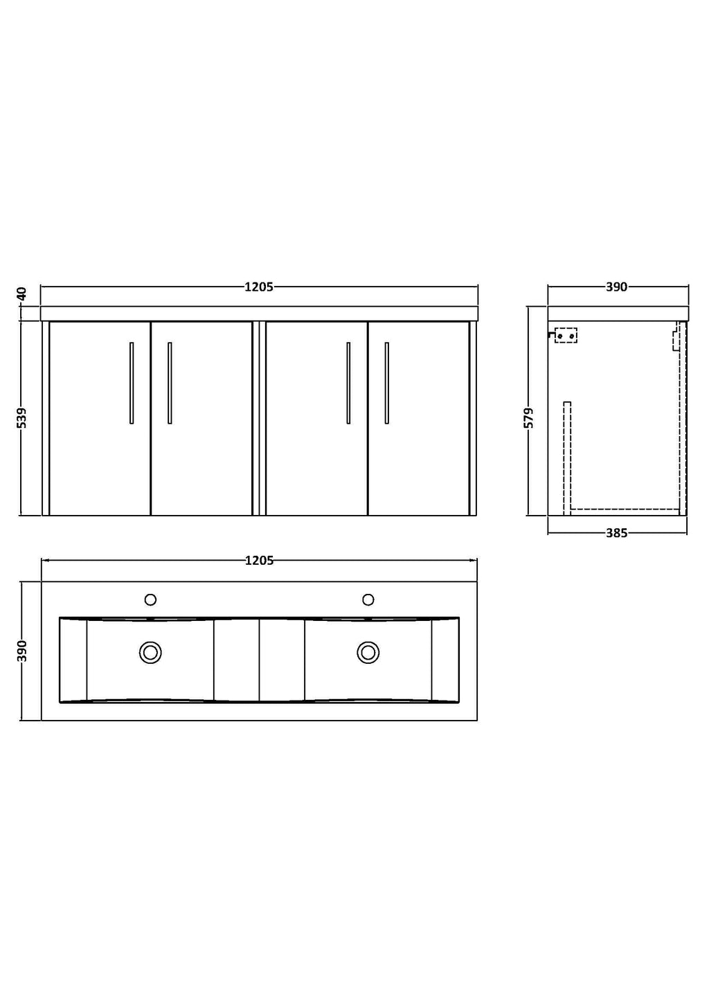 Hudson Reed Fluted Wall Hung 4-Door Vanity and Double Vitreous China Basin, Contemporary Sink Vanity Unit, Metallic Slate, 1200mm