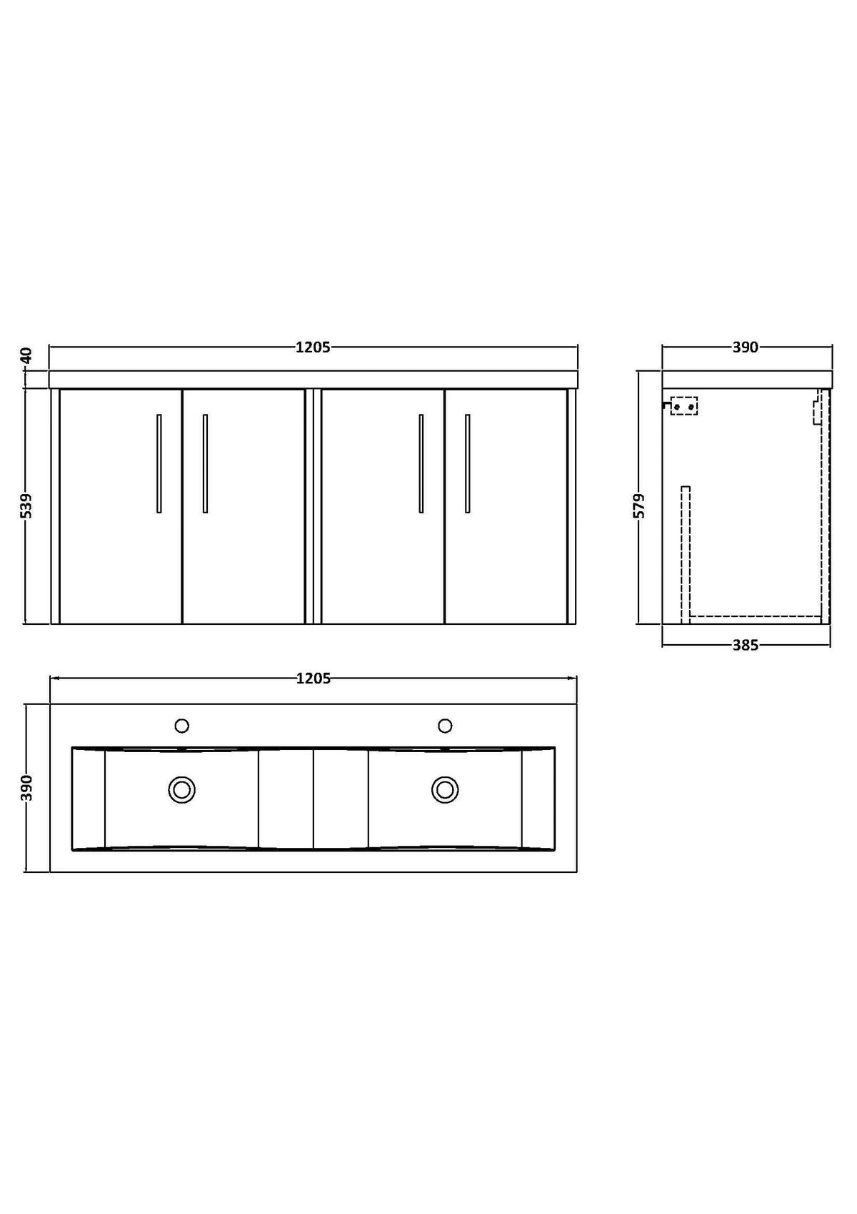 Hudson Reed Fluted Wall Hung 4-Door Vanity and Double Vitreous China Basin, Contemporary Sink Vanity Unit, Metallic Slate, 1200mm