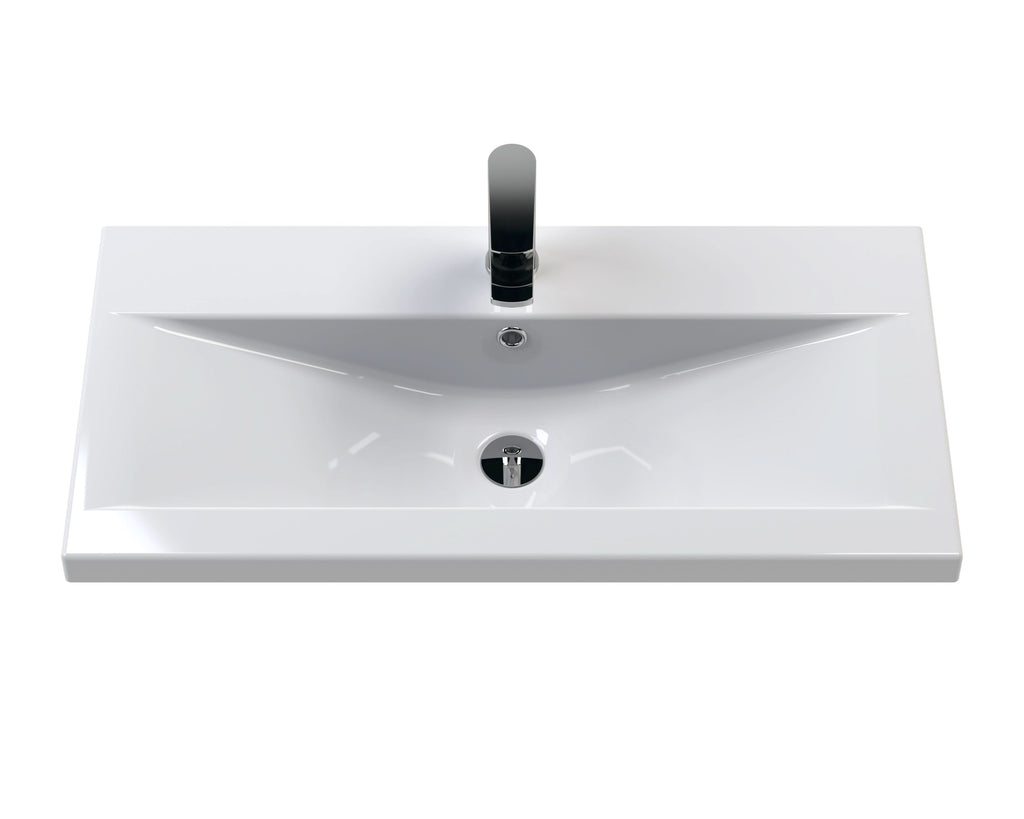 Hudson Reed Juno Wall Hung Single Drawer Vanity Unit with Basin 1 Tap Hole, Durable Soft Close Drawer with D Shape Handle for Modern Bathrooms in Midnight Blue, 800mm