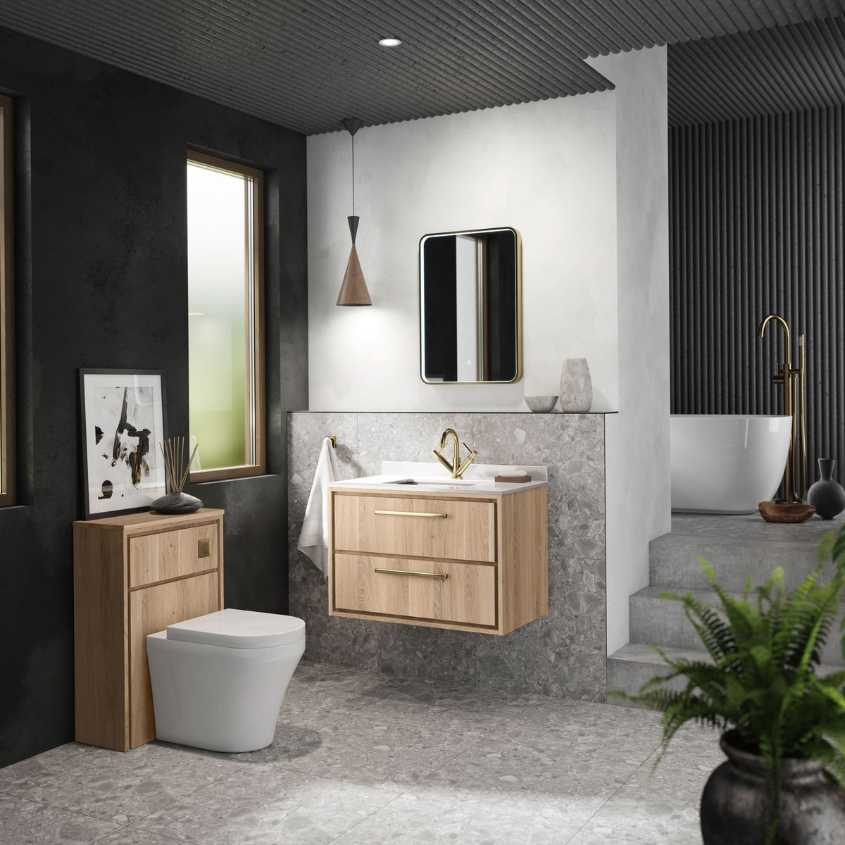Hudson Reed Lille Wall Hung Vanity Unit with Marble Worktop & Basin, 1 Tap Hole, 2 Soft Close Drawers, Modern Sink Cabinet for Bathroom Storage in Bleached Oak, 800mm