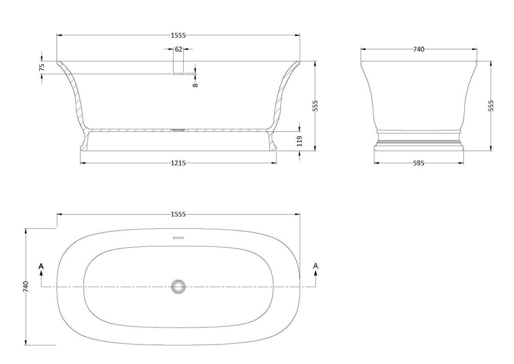 Old London Farringdon Oval Freestanding Bath Tub with Push Button Waste, Durable Acrylic Designer Bathtub in White, 1555x740mm
