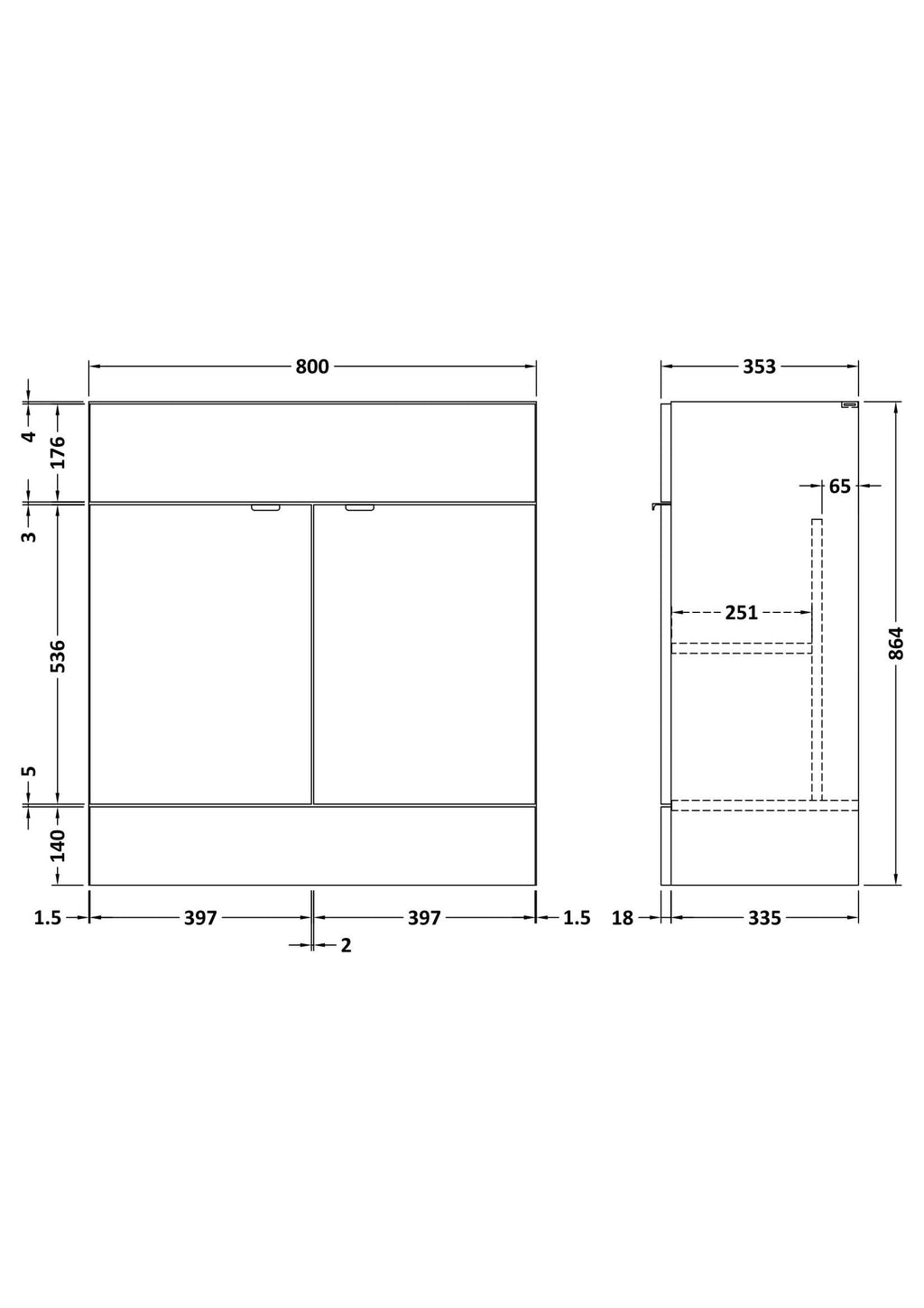 Hudson Reed Fusion Floor Standing 2 Door Vanity Unit without Basin, Modern Bathroom Cabinet in Gloss White Finish, 800mm