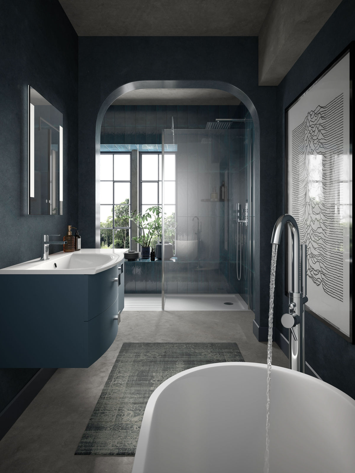 Hudson Reed Sarenna Wall Hung Vanity Unit with Basin, Left Hand 2 Drawer 1 Door Bathroom Sink Cabinet in Mineral Blue, 1000mm