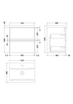 Hudson Reed Urban Wall Hung 2 Drawer Vanity Unit with Mid-Edge Ceramic Basin, Modern Bathroom Furniture in Satin White, 500mm