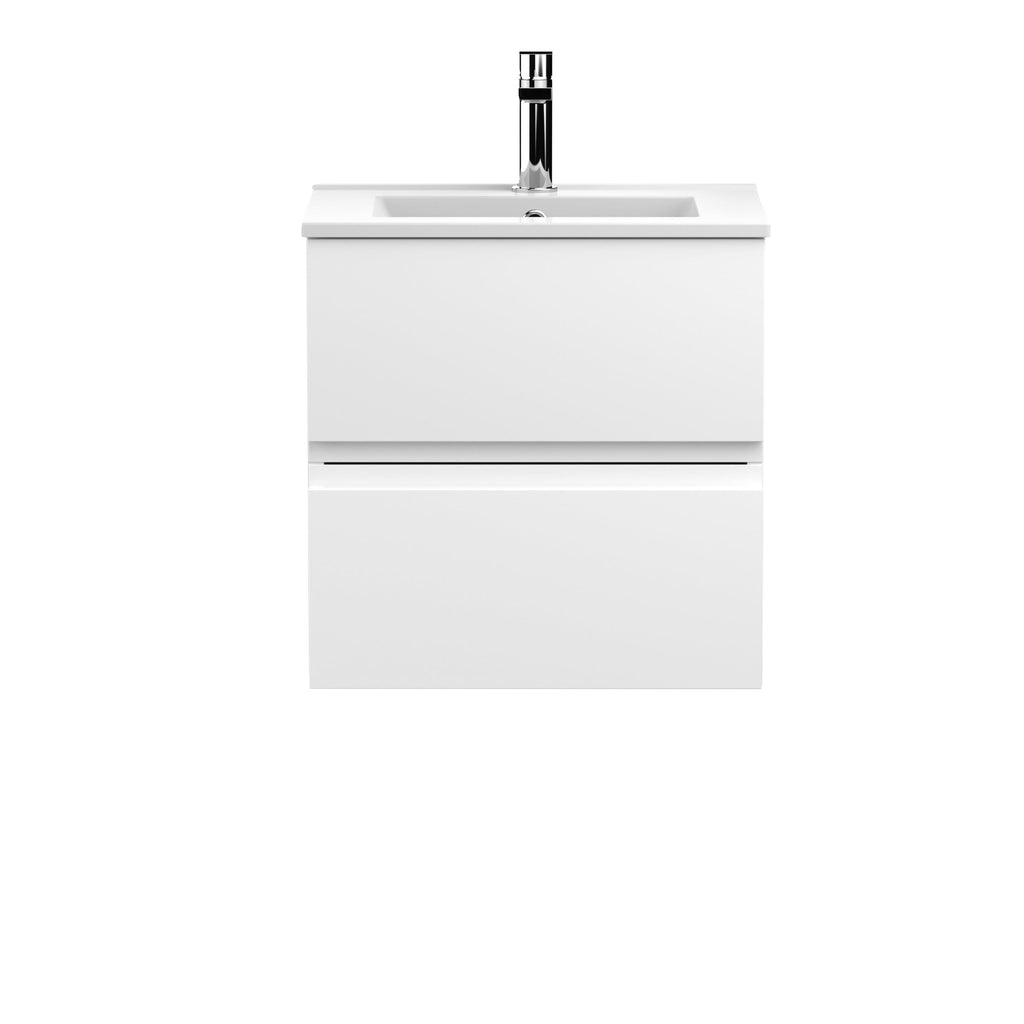 Hudson Reed Urban Wall Hung 2 Drawer Vanity Unit with Minimalist Ceramic Basin, Modern Bathroom Furniture in Satin White, 500mm