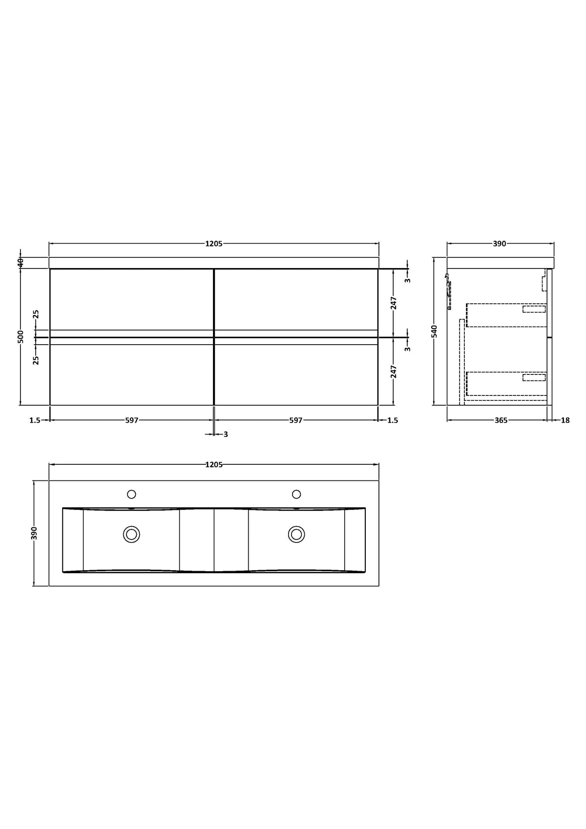 Hudson Reed Urban Wall Hung 4 Drawer Vanity Unit with Double Ceramic Basin, Modern Bathroom Furniture in Satin White, 1200mm