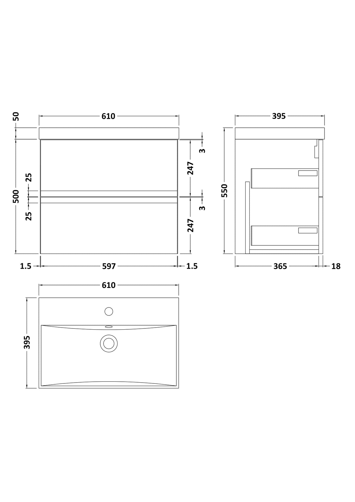 Hudson Reed Urban Wall Hung 2 Drawer Vanity Unit with Thin-Edge Ceramic Basin, Modern Bathroom Furniture in Soft Black, 600mm