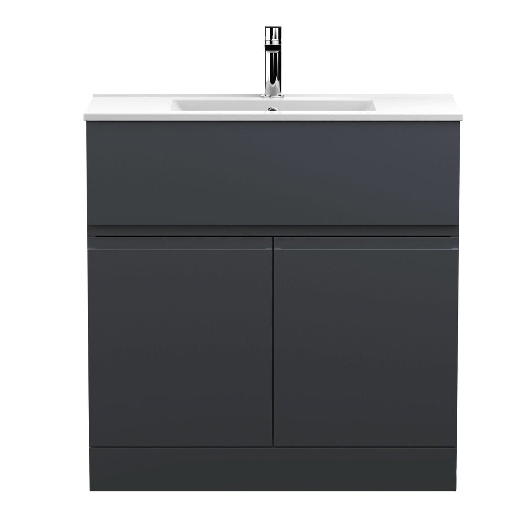 Hudson Reed Urban Floor Standing 2 Door 1 Drawer Vanity Unit with Minimalist Basin, Modern Vanity Unit in Soft Black, 800mm