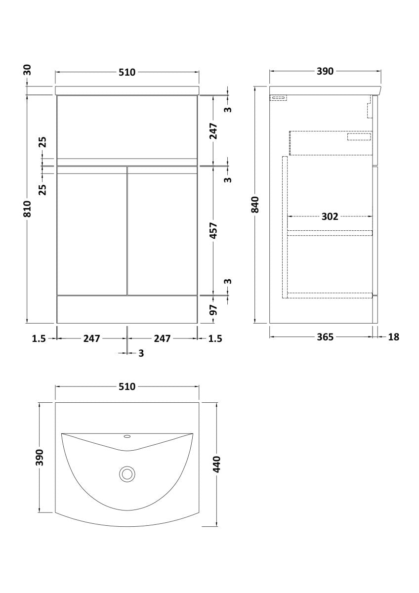 Hudson Reed Urban Floor Standing 2 Door 1 Drawer Vanity Unit with Curved Basin, Durable Modern Vanity Unit in Satin Grey, 500mm