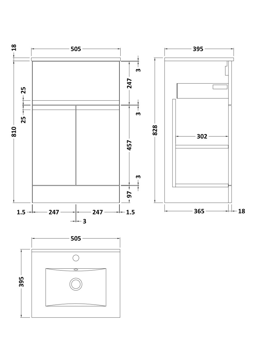 Hudson Reed Urban Floor Standing 2 Door 1 Drawer Vanity Unit with Minimalist Basin, Modern Vanity Unit in Satin Blue, 500mm