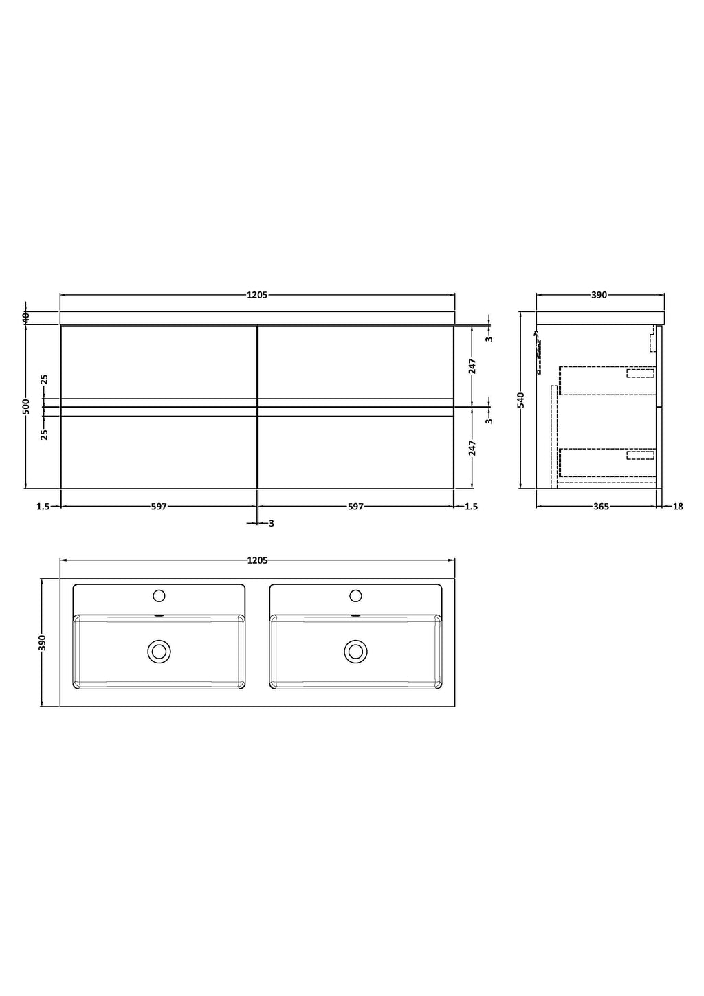 Hudson Reed Urban Wall Hung 4 Drawer Vanity Unit with Double Polymarble Basin, Modern Bathroom Furniture in Satin Blue, 1200mm