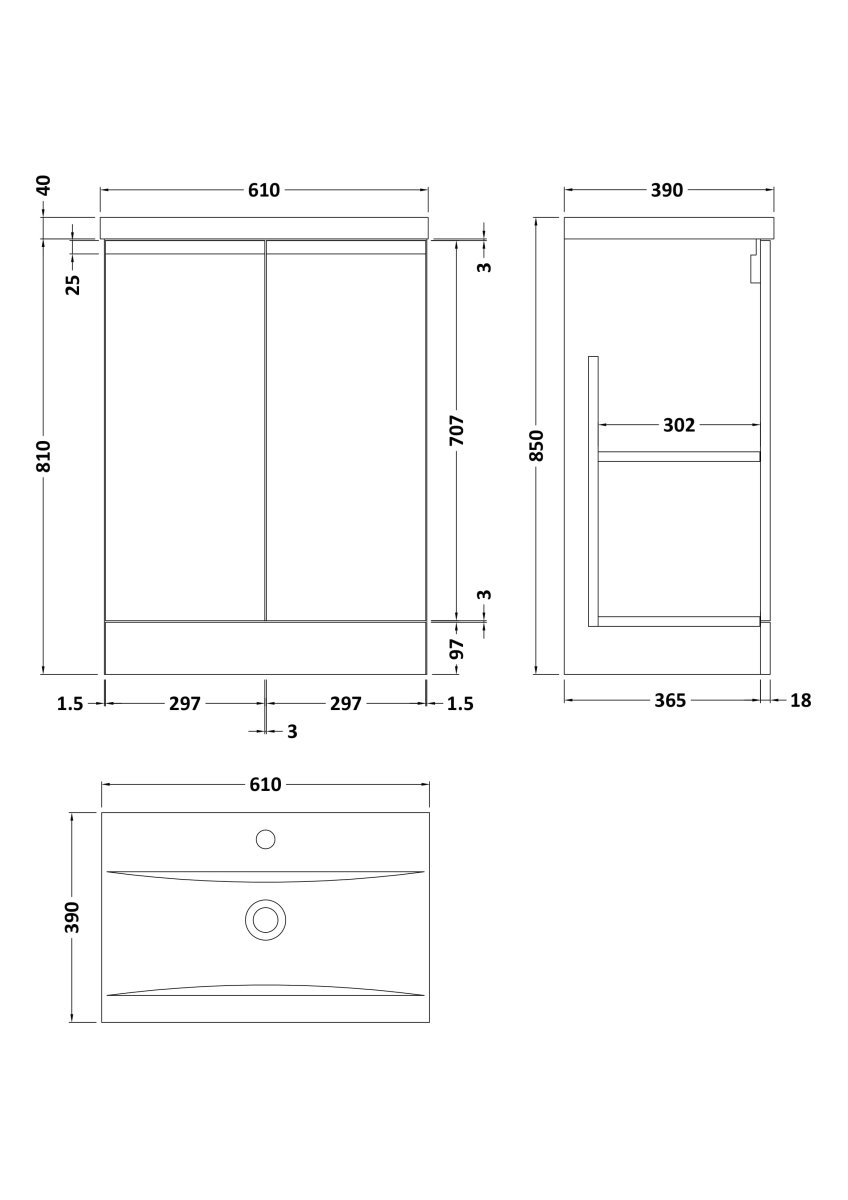 Hudson Reed Urban Floor Standing 2 Soft Close Door Vanity Unit with Mid-Edge Basin, Modern Vanity Unit in Satin Blue, 600mm