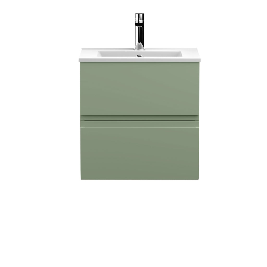 Hudson Reed Urban Wall Hung 2 Drawer Vanity Unit with Minimalist Ceramic Basin, Modern Bathroom Furniture in Satin Green, 500mm