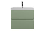 Hudson Reed Urban Wall Hung 2 Drawer Vanity Unit with Thin-Edge Ceramic Basin, Modern Bathroom Furniture in Satin Green, 600mm