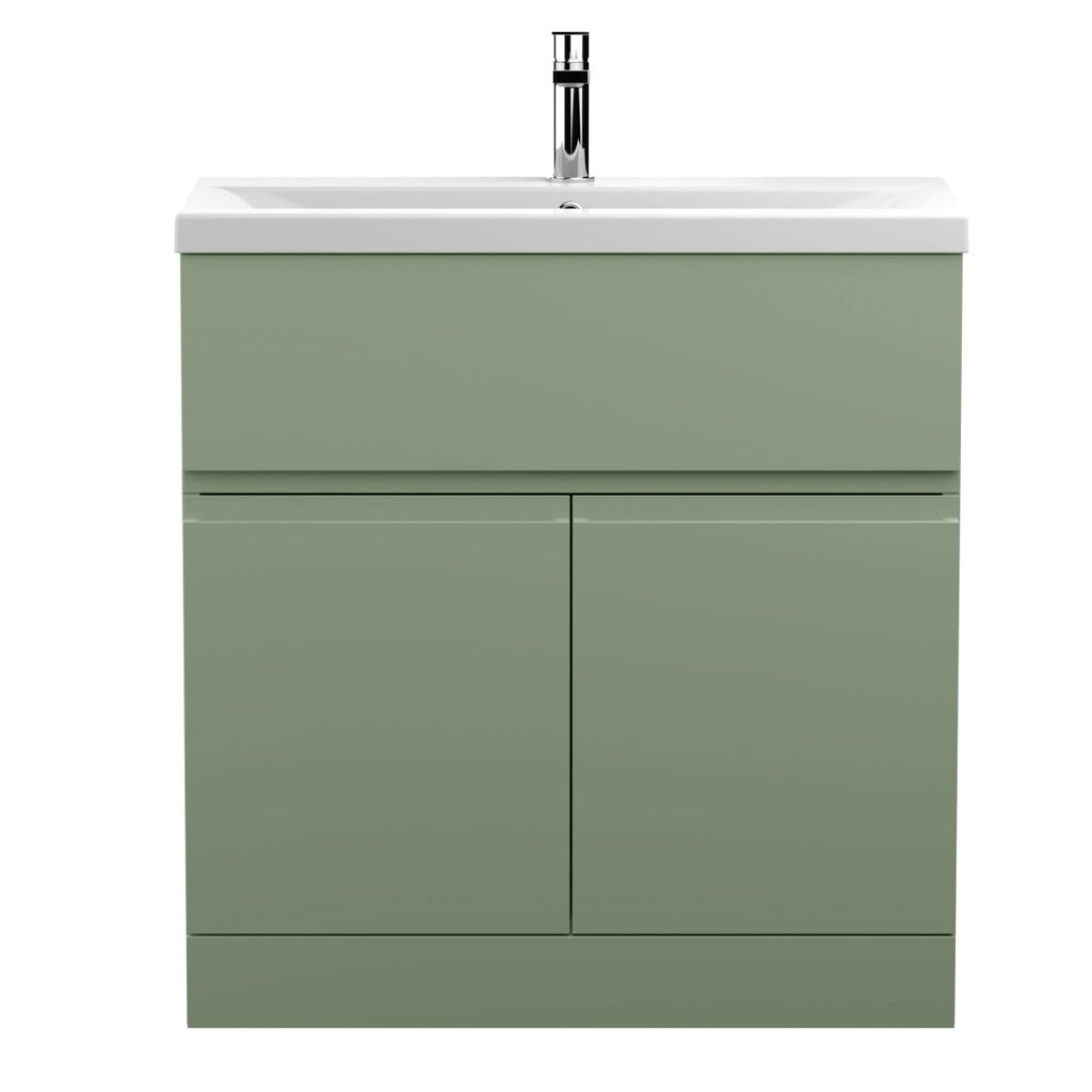 Hudson Reed Urban Floor Standing 2 Door 1 Drawer Vanity Unit with Mid-Edge Basin, Durable Modern Vanity Unit in Satin Green, 800mm