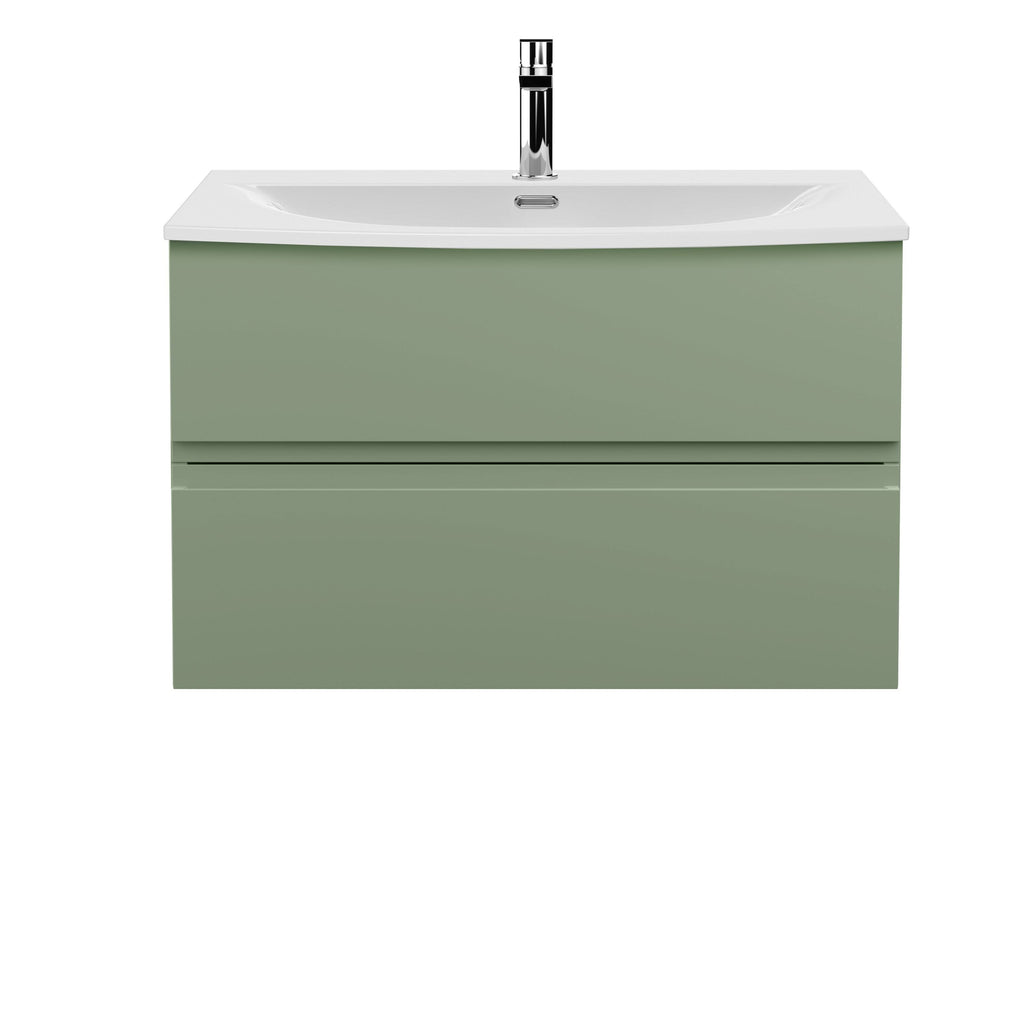 Hudson Reed Urban Wall Hung 2 Drawer Vanity Unit with Curved Ceramic Basin, Modern Bathroom Furniture in Satin Green, 800mm