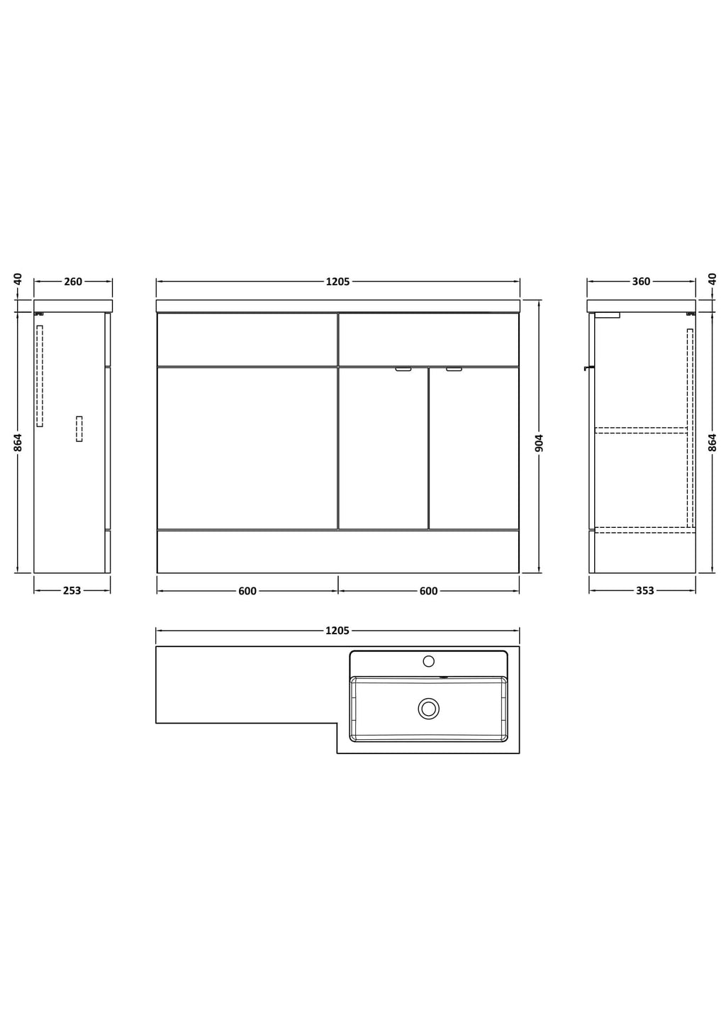 Hudson Reed Fusion Floor Standing 2 Door Vanity Basin & WC Right Hand Combination, Sink Vanity Unit, Charcoal Black, 1200mm