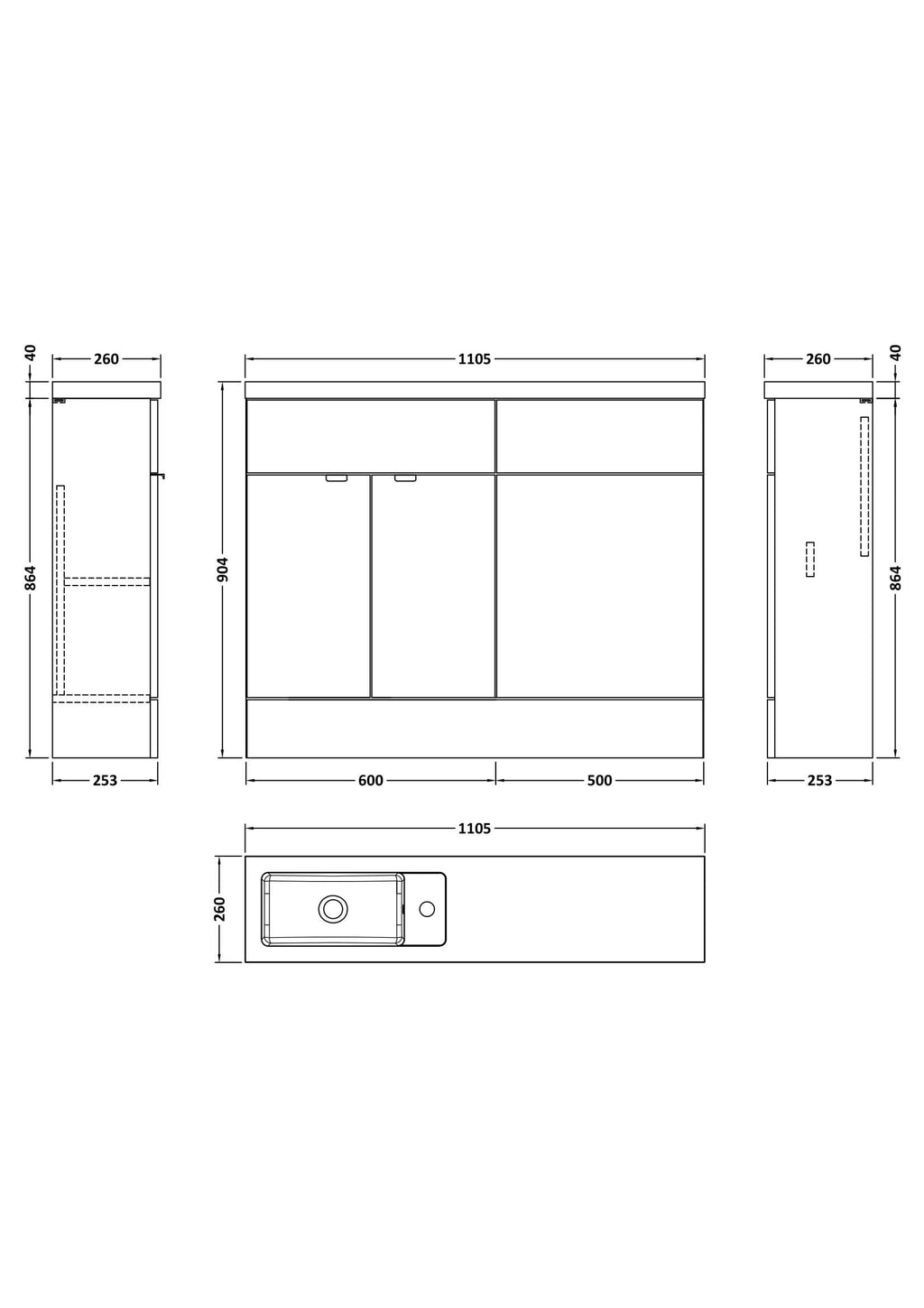 Hudson Reed Fusion Floor Standing 2 Door Vanity Basin & WC Combination Compact, Sink Vanity Unit, Gloss Grey, 1100mm