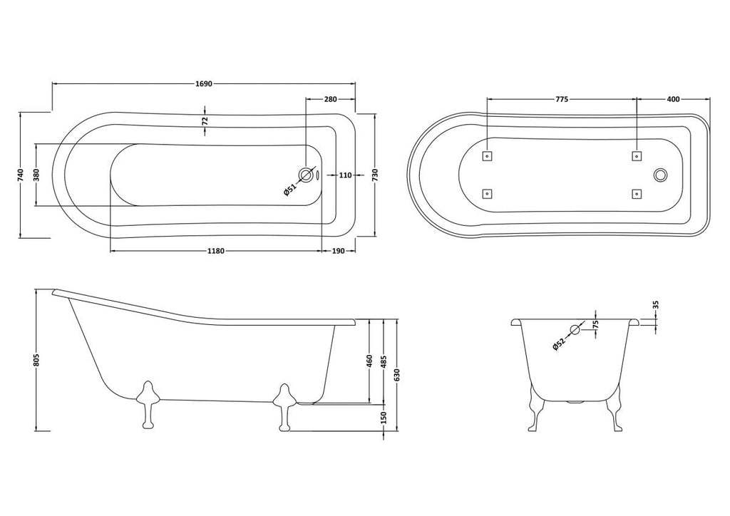 Old London Brockley Freestanding Bath Tub with Corbel Leg Set, Durable Single Ended Traditional Bathroom Style in White, 1700mm