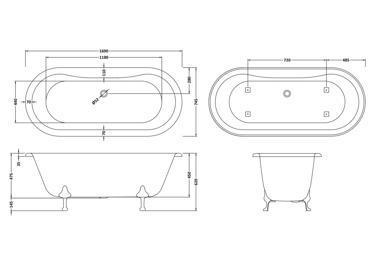 Old London Kingsbury Freestanding Bath Tub with Corbel Leg Set, Durable Double Ended Traditional Bathroom Style in White, 1700mm