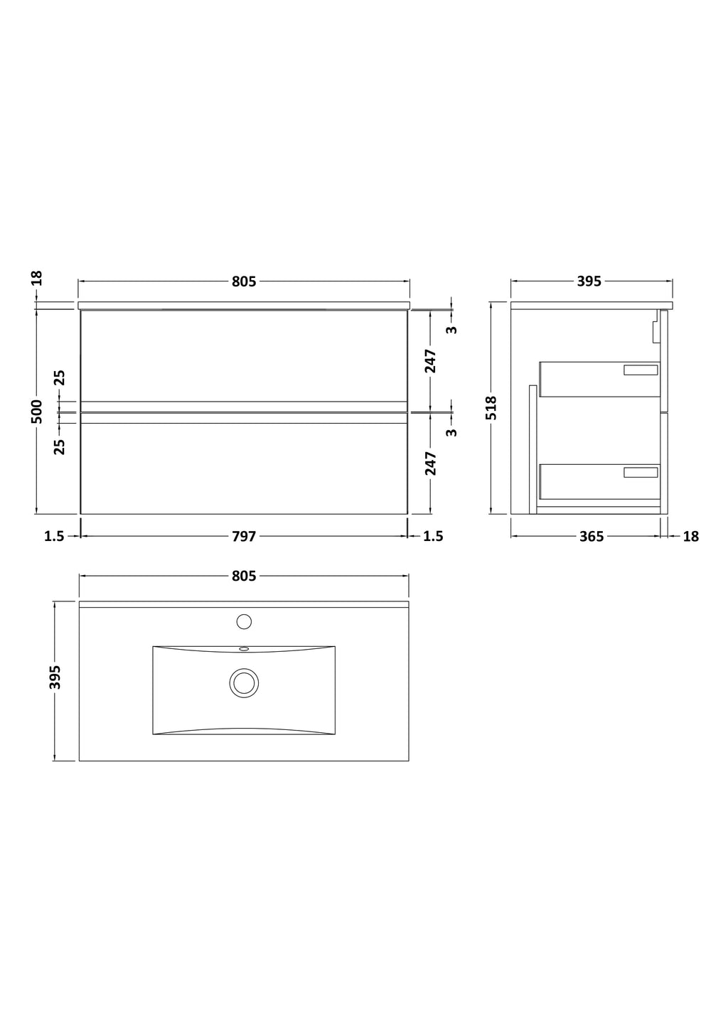 Hudson Reed Urban Wall Hung 2 Drawer Vanity Unit with Minimalist Ceramic Basin, Modern Bathroom Furniture in Satin Grey, 800mm