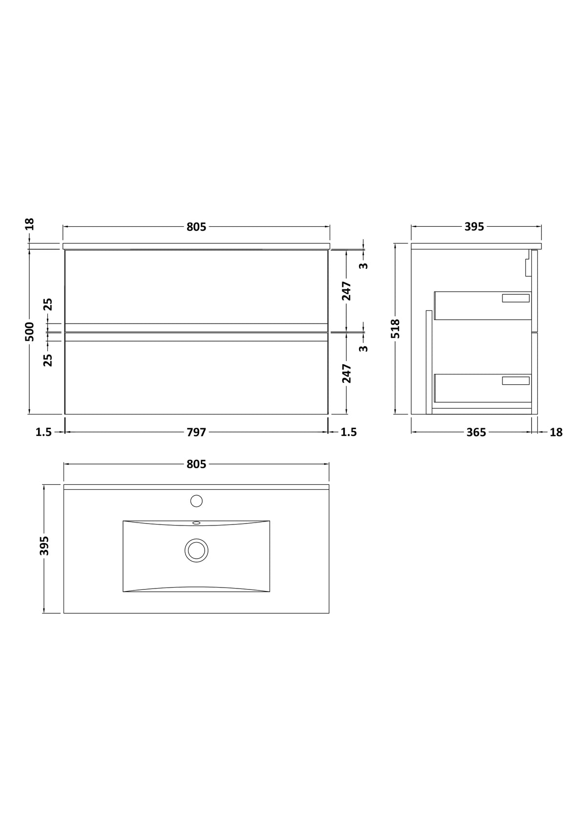 Hudson Reed Urban Wall Hung 2 Drawer Vanity Unit with Minimalist Ceramic Basin, Modern Bathroom Furniture in Satin Grey, 800mm