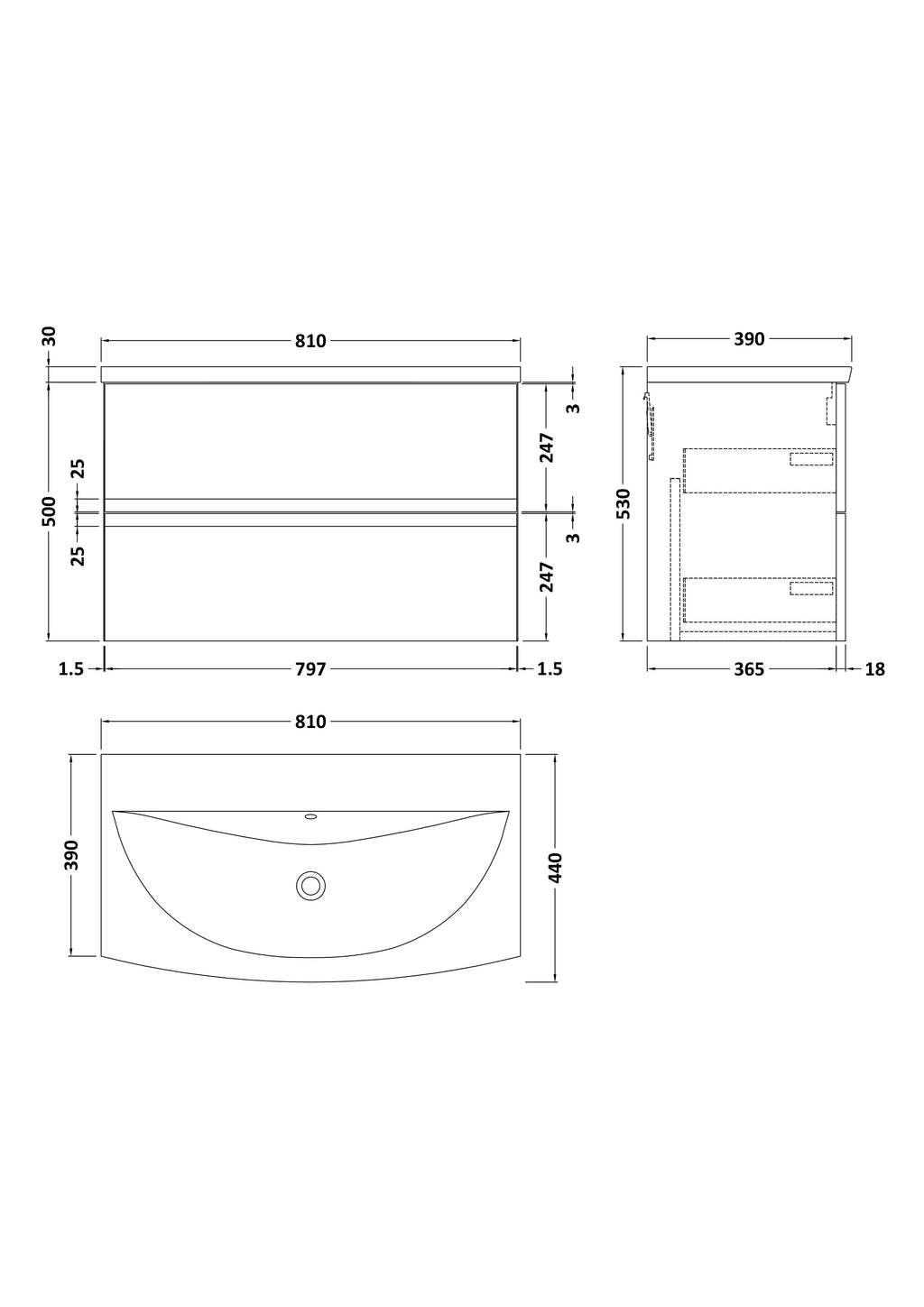 Hudson Reed Urban Wall Hung 2 Drawer Vanity Unit with Curved Ceramic Basin, Modern Bathroom Furniture in Satin Grey, 800mm